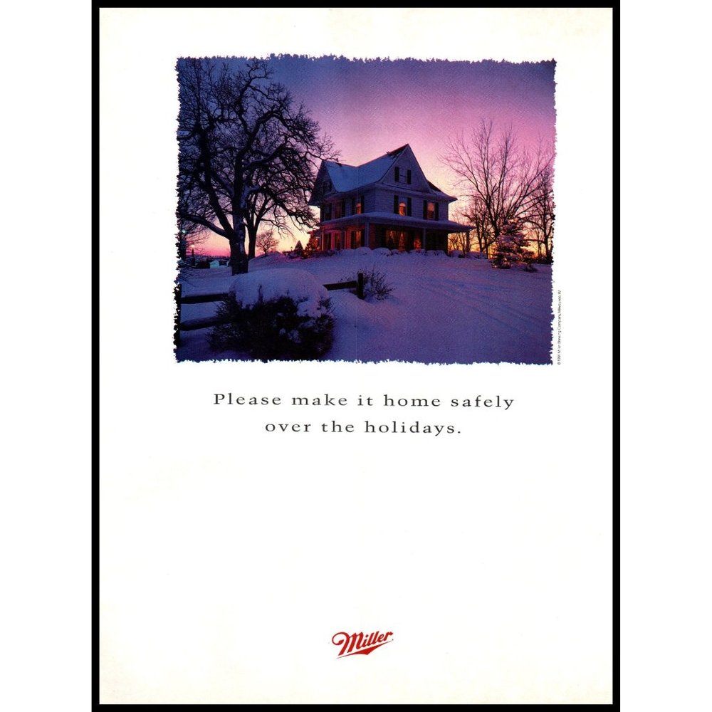 1992 Miller Beer Brewing Vintage Print Ad Christmas Holiday Snow House Wall Art